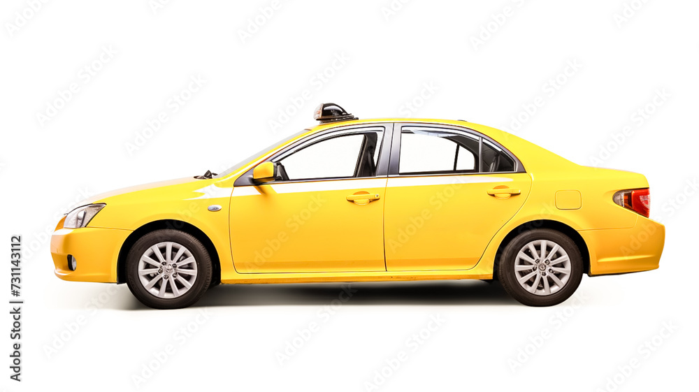 Side view yellow taxi car isolated on white.
