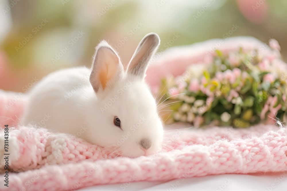 A white baby rabbit with black eyes lying on a pink knitted blanket, with a soft focus on flowers in the background. A white baby rabbit with black eyes lying on a pink knitted blanket, with a soft focus on flowers in the background.