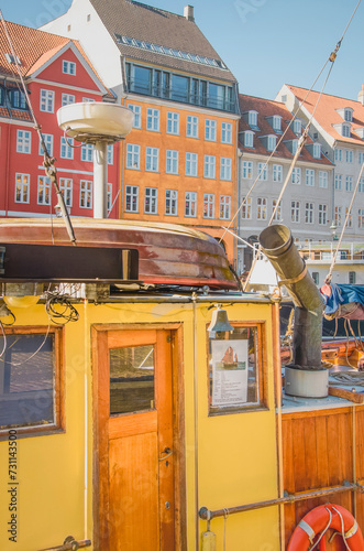 Front of a sailing boat cabin in Nyhavn district, most famous sights in Copenhagen, Denmark's capital city.