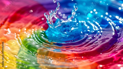 Water droplet splashing, rainbow hues, rainbow hues, symbolizing fluidity, adaptation. Embracing celebrating love in all its colors. Inclusion being our strength, diversity our pride.