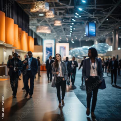 Blurred view with bokeh of a camera. Bussiness people walking in a conference hall. Background for finance, bussiness concepts.