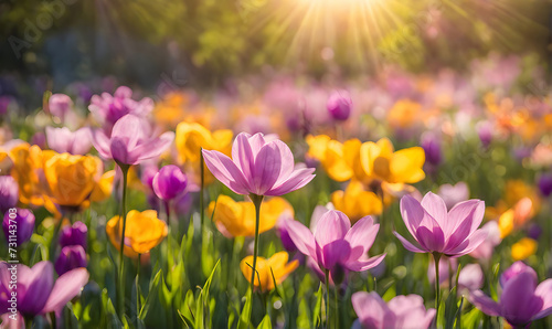 Sunny spring field: Vibrant flowers under the sun