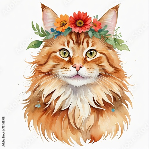 Watercolor red tabby norwegian forest cat with floral wreath on head