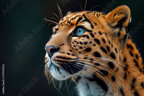 Side view of spotted leopard outdoors  wild predatory animal looking up