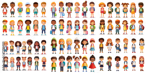 Cartoon characters of schoolchildren of diverse nationalities on transparent background PNG photo