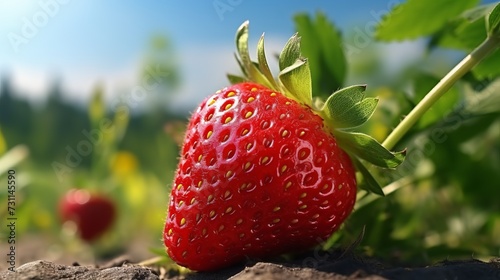 strawberry growing in a greenhouse with water droplets on strawberries