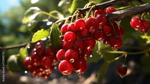 Ripe red currants on a branch with drops of water.