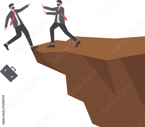 Business unethical competition, career competitor or cheating concept. Businessman pushing business partner fall off the cliff

