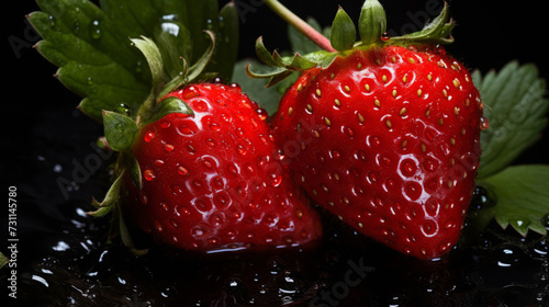 Strawberries on a black background with water drops, close-up