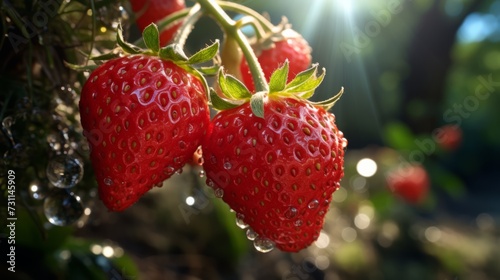 Strawberry in the garden with dew drops. Fresh strawberries