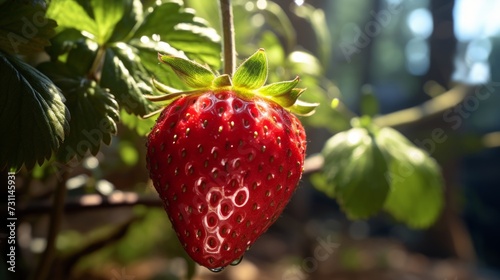 Strawberries on a branch with dew drops in the sun
