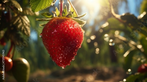 Strawberry in the garden. Blurred background, bokeh.