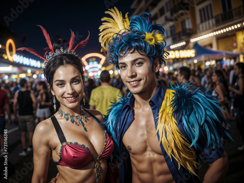 couple dressed up for carnival in the middle of the crowd