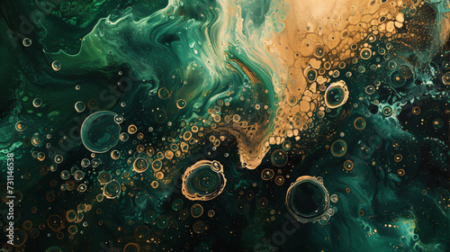 An abstract background in alcohol ink painting technique, a mixture of green and golden colors, with glowing golden veins and splashes. Fluid painting, luxury abstract, dreamy design