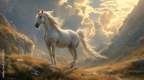 In a fantastical realm filled with magic and wonder  a majestic unicorn stands against a backdrop of ethereal landscapes. 