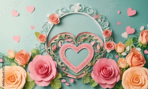 Postcard template for wedding and St. Valentine's Day. Light turquoise background with quilling composition from paper hearts and roses. Anniversary and holiday concept. Ai generative