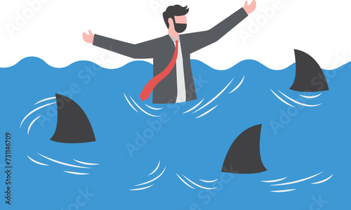 Crisis and business risks, businessmen in danger. Shark circling around businessmen

