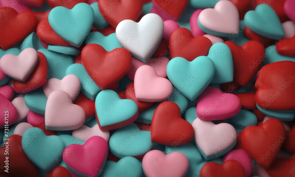Background of pile of scattered chocolates candies of red, turquoise and pink hearts, close-up. Love pattern. Ai generation