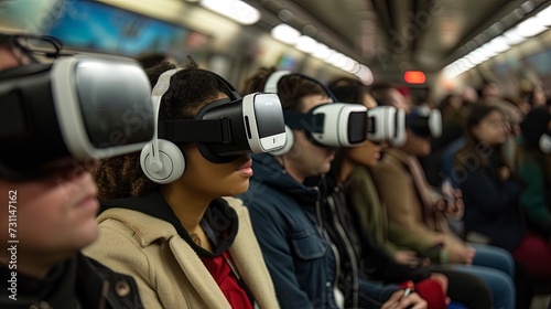 People in the subway watch in VR virtual reality