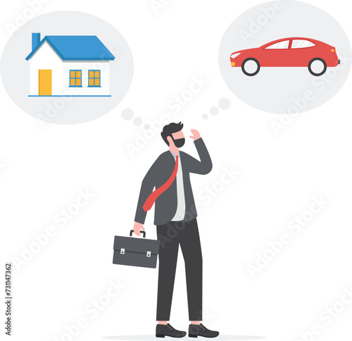 Expenses planning concept, Personal finance management and budget. Businessman thinking about buying a car or a house
