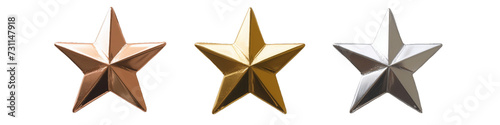 Elegant Trio of Metallic Stars in Bronze  Gold  and Silver  Symbolizing Achievement and Quality