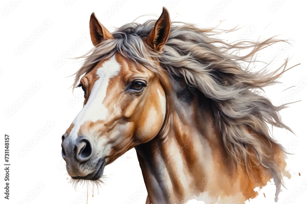 Fototapeta premium Watercolor illustration portrait of a horse on isolated white background. 