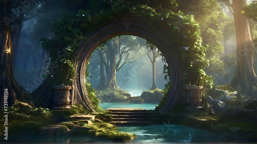 Fantasy magic portal. Portal in the elven forest to another world. Digital art. Illustration. Painting. Hyper-realistic.