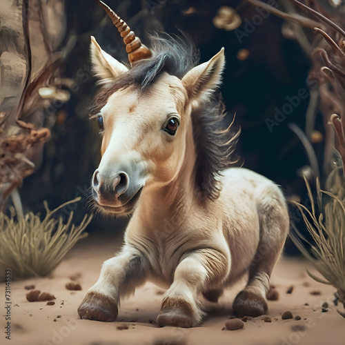 cutest adorable Unicorn baby around forest background. Digital artwork. Ai generated © anakondasp