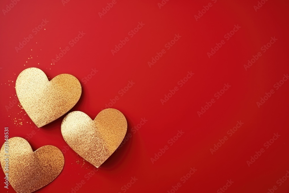 Gold glittering hearts on red background. Flat lay with space for text, Valentine's day, Mother's day, Women's Day and love concept