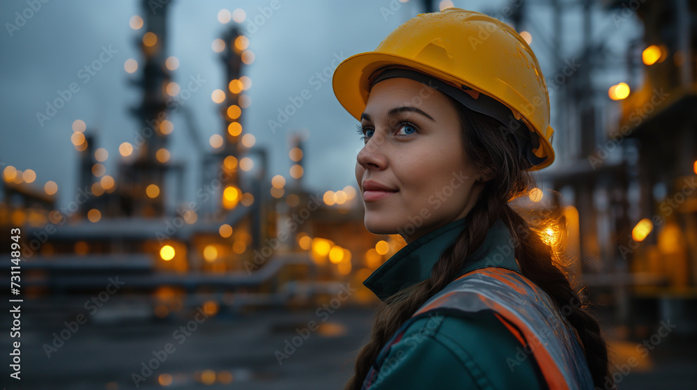 portrait of woman wearing a helmet on an oil refinery portrait of woman wearing a helmet on an oil refinery
