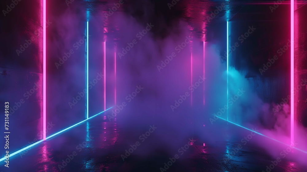 Empty Room with Smoke and Neon Lights Background Empty Room with Smoke and Neon Lights Background