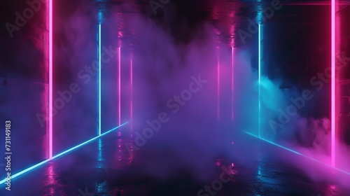 Empty Room with Smoke and Neon Lights Background