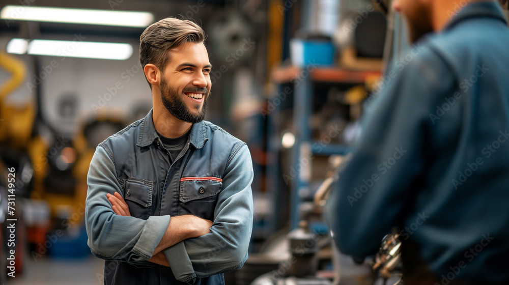 Car mechanic interacting with another worker in the auto body shop. Car mechanic interacting with another worker in the auto body shop.