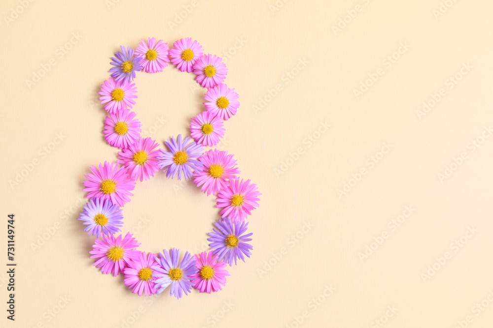 International Women's day, March 8th concept. Number eight 8 made of pink and purple asters flowers on beige background. Flower fonts, shape. Creative spring idea, stylish trendy greeting card.