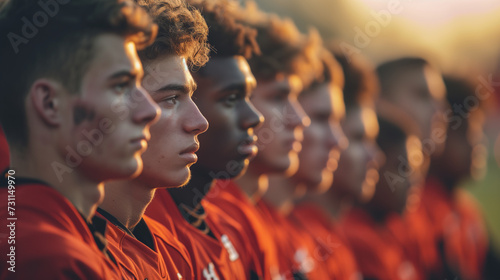 Football players in a row listening to a coach during a pre game ritual. 