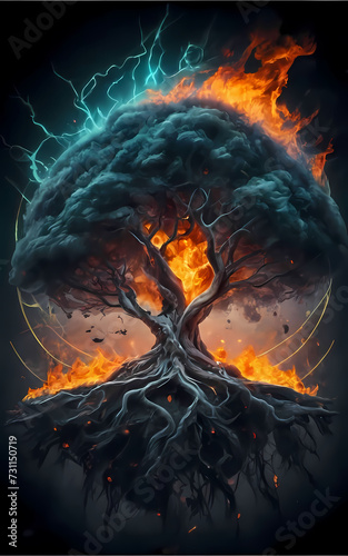 Tree with Thunder And Fire, Ultra Realistic In Detail., Cinematic, Vibrant, Wildlife Photography, Dark Fantasy