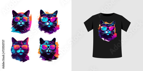 cat wearing glasses illustration with neon style. vector files can be for T shirts, sticker, printing needs, generated by AI