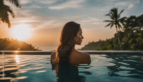 Portrait of woman in infinity pool in Bali  sunset view 
