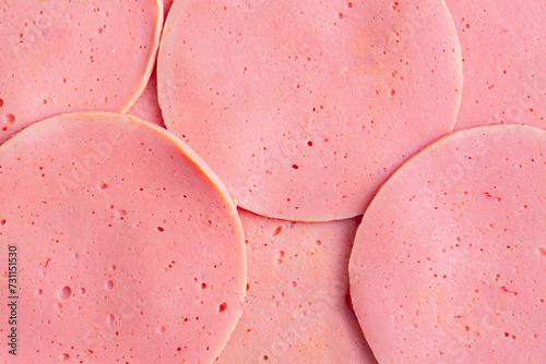 Close-up of ham,close up on pork ham texture, pork, pork for making sandwich, processed pork texture,Top view of round slices of smoked pork loin ham photo