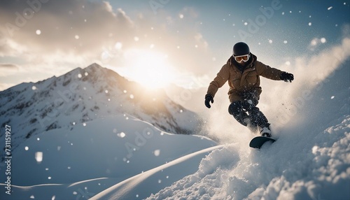 Snowboarder jumps off a ramp in the snowy mountains, snowflakes fly behind him 
