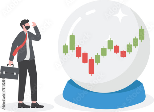 Forecast or prediction, investment opportunity, fortune teller to see stock market or economic direction, trend or business vision concept, business people look at magic sphere future market chart.

