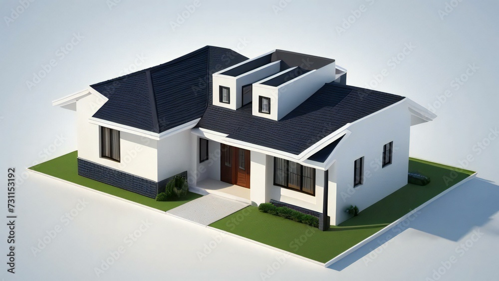 3d house model rendering on white background, Clean and precise 3D illustration modern cozy house. Concept for real estate or property.