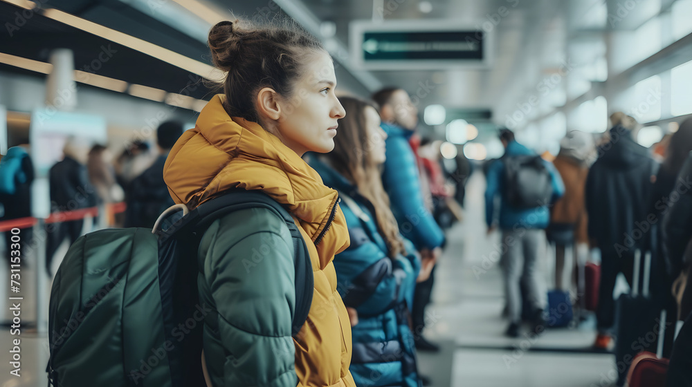 Busy airport scene, diverse passengers in line, anticipation and the hustle of travel captured in candid moments Busy airport scene, diverse passengers in line, anticipation and the hustle of travel captured in candid moments