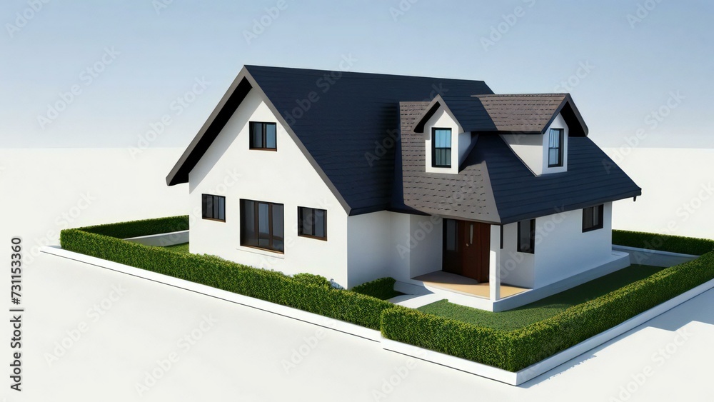 3d house model rendering on white background, Clean and precise 3D illustration modern cozy house. Concept for real estate or property.