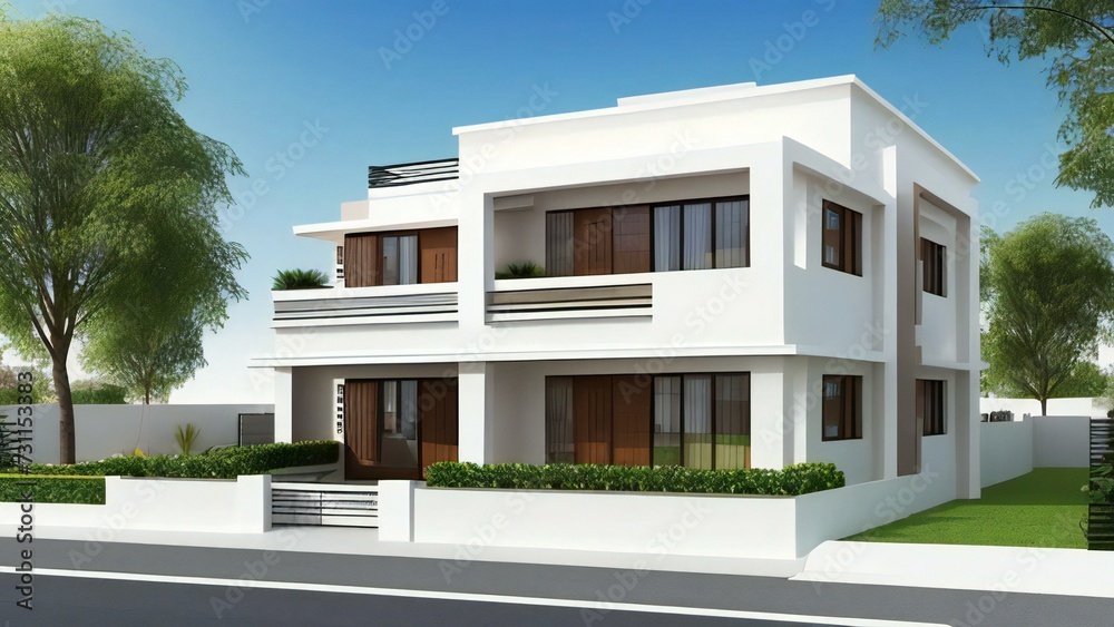3d house model rendering on white background, Clean and precise 3D illustration modern cozy house. Concept for real estate or property.
