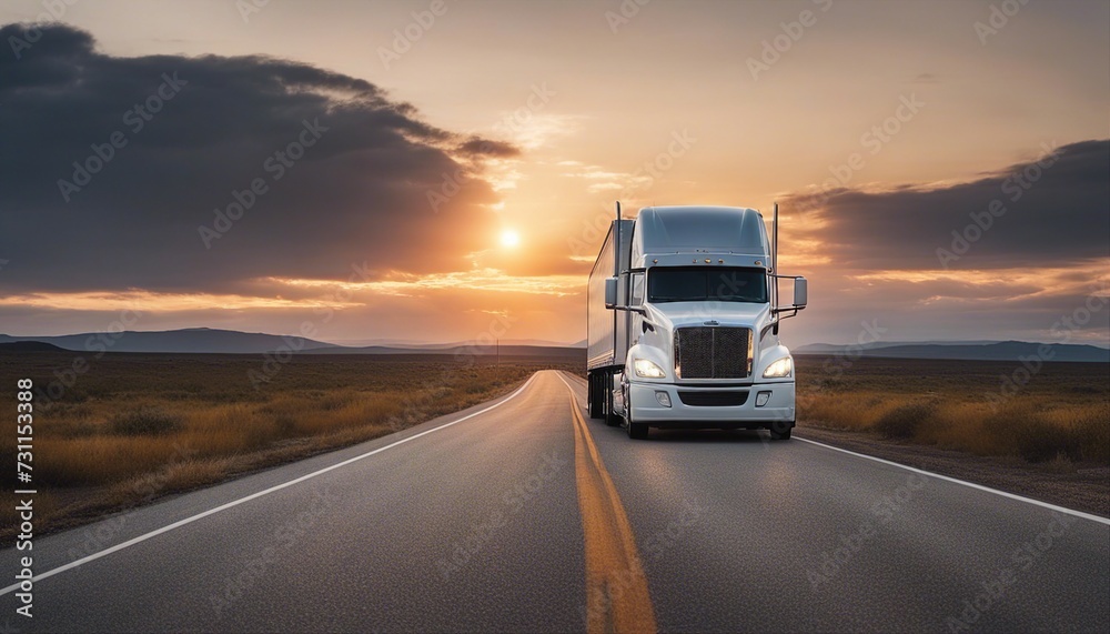 white trailer truck driving alone on empty American roads at sunset, long exposure, isolated white background
