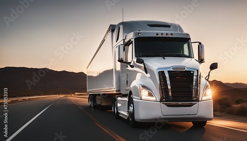 white trailer truck driving alone on empty American roads at sunset, long exposure, isolated white background  © abu