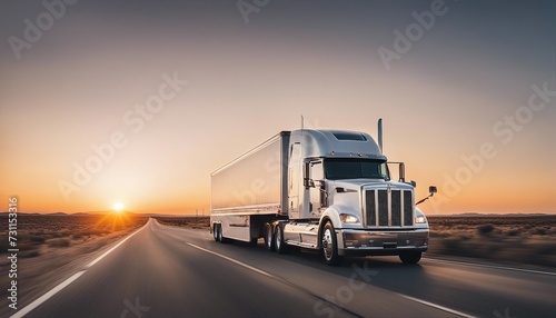 white trailer truck driving alone on empty American roads at sunset, long exposure, isolated white background 