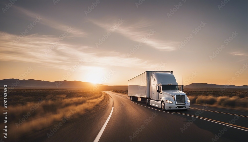Obraz premium white trailer truck driving alone on empty American roads at sunset, long exposure, isolated white background 