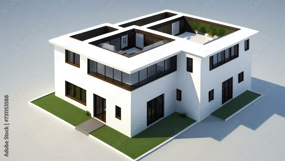 3d house model rendering on white background, Clean and precise 3D illustration modern cozy house. Concept for real estate or property.